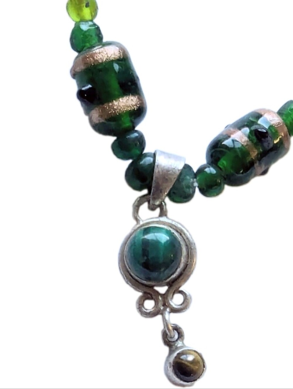 Handmade Necklace Malachite Gemstone Tiger's Eye pendant Glass Beads 21" Artisan